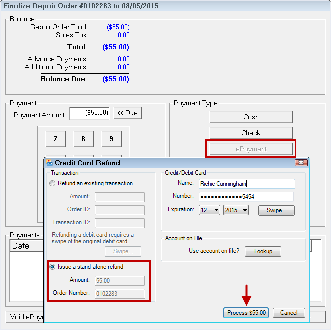 the Merchant First Mile Credit Card Refund window 